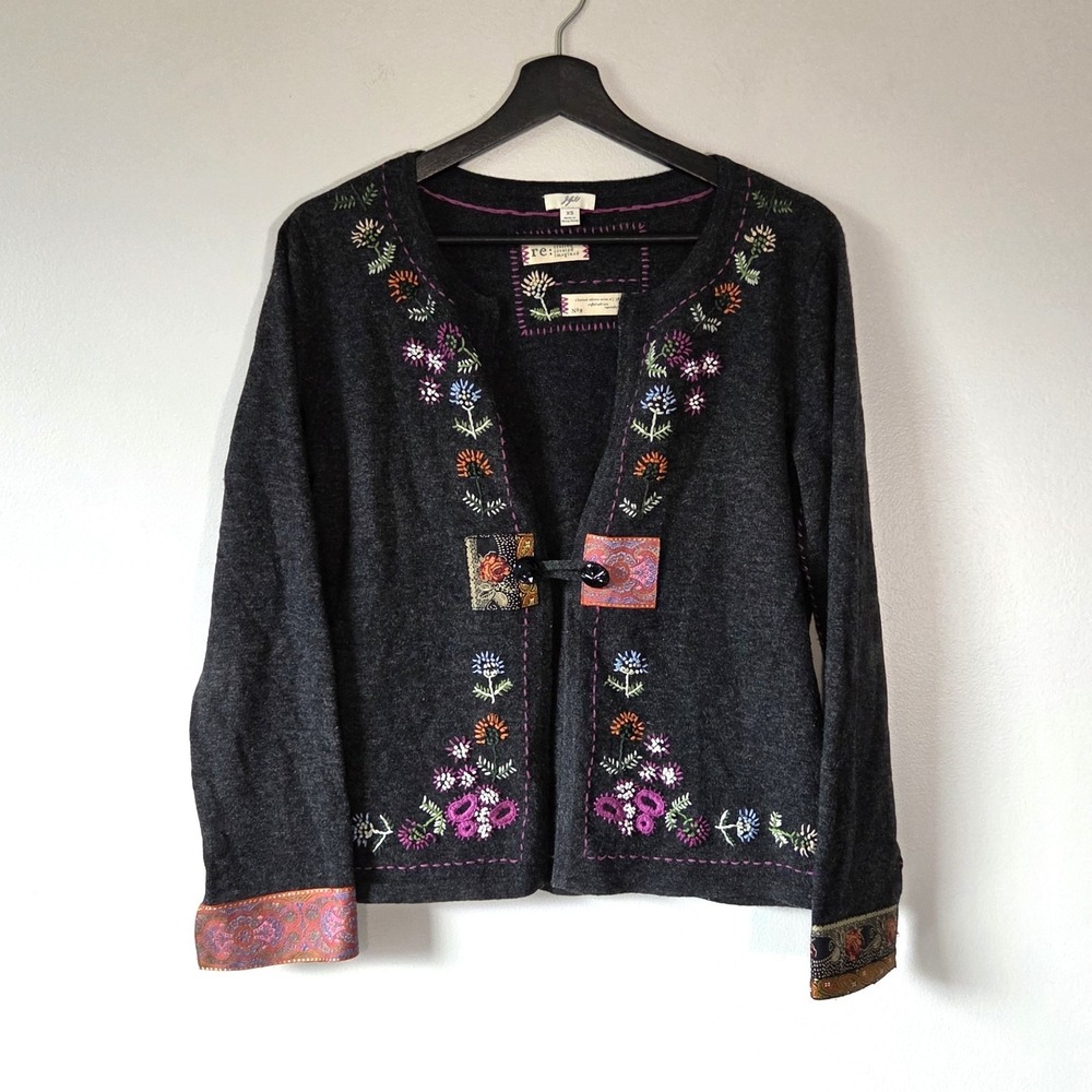 J. Jill Women's XS Re Crafted Embroidered Lambs Wool Cardigan Sweater